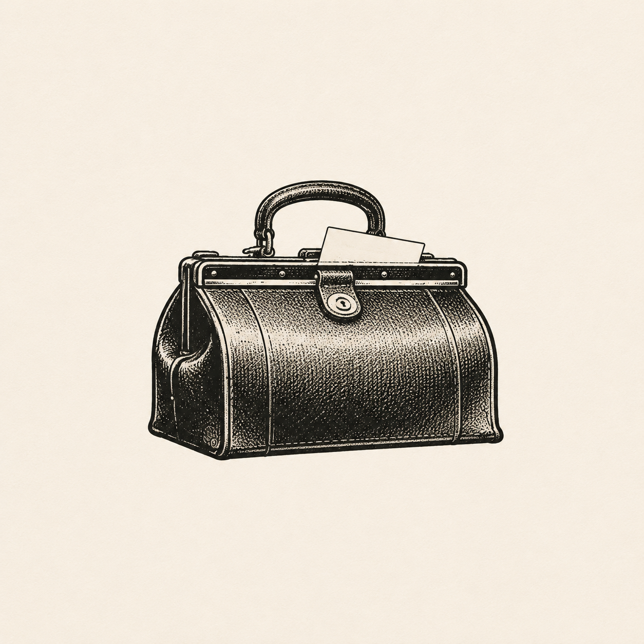 Illustration of a leather cabinet bag holding a business card